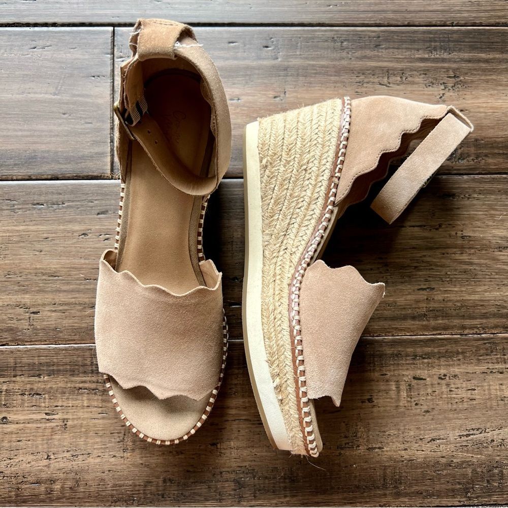 CROWN VINTAGE Daffodil Espadrille Platform Wedge Sandal Heel Tan Suede Size 10 - Picture 2 of 16